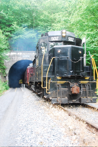 #9 Western Maryland Scenic RR train emerging from Brush Tunnel